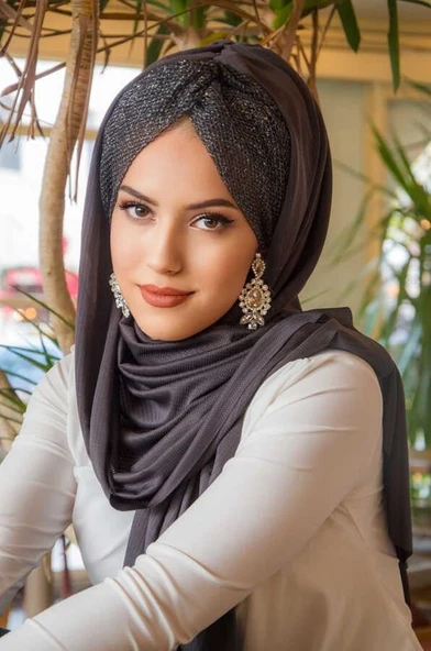 Füme Işıltılı Desen Burgu Hazır Şal - 2