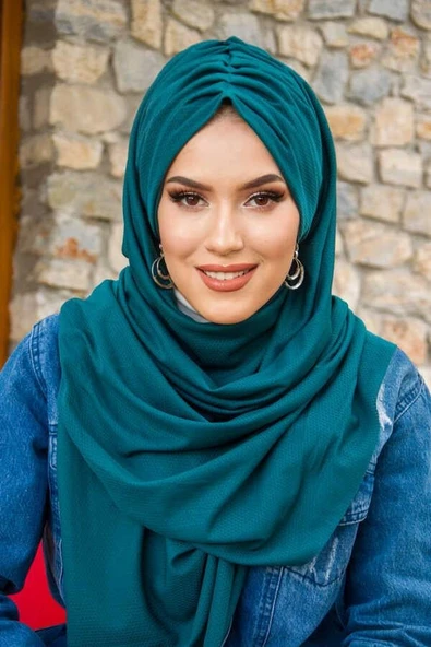 Parlement Yeşil Büzgülü Hazır Şal - Resim 3