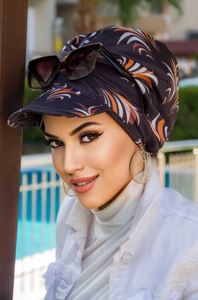 Siyah Taba Desen Bantlı Şapka Bone - Resim 2