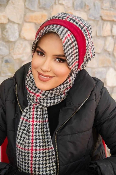 Kırmızı Siyah Kazayağı Desen Tesettür Şapka - 1