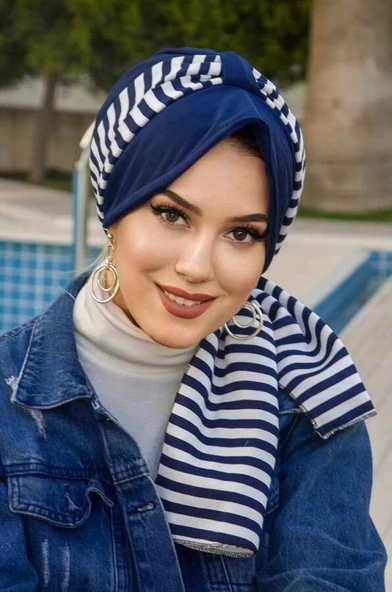 Lacivert Çizgili Desen Fularlı Şapka Bone ürün görseli