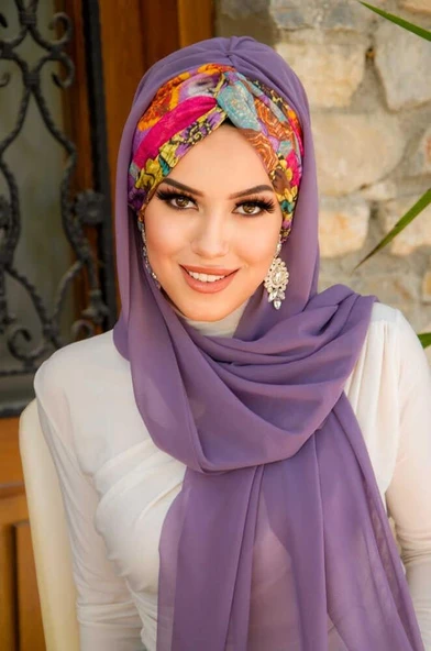 Lila Retro Desen Burgu Hazır Şal - Resim 2