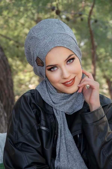 Gri Melanj İnce Örme Armalı Tesettür Bere - Resim 2