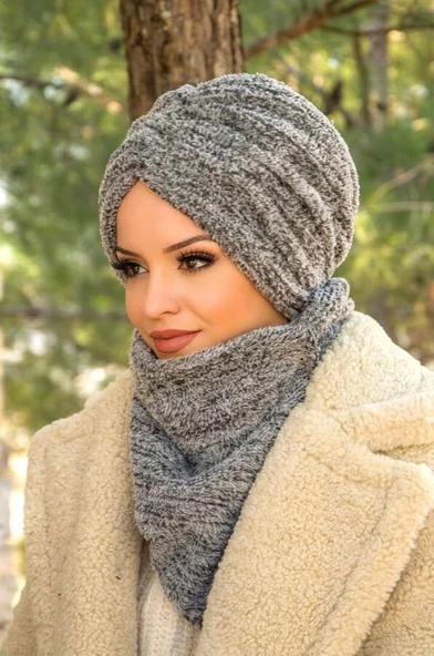 Gri Kürk Büzgülü Bone Ve Etol Takım - Resim 3