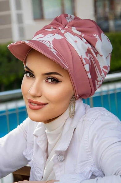 Koyu Pudra Beyaz Desen Bantlı Şapka Bone - Resim 4