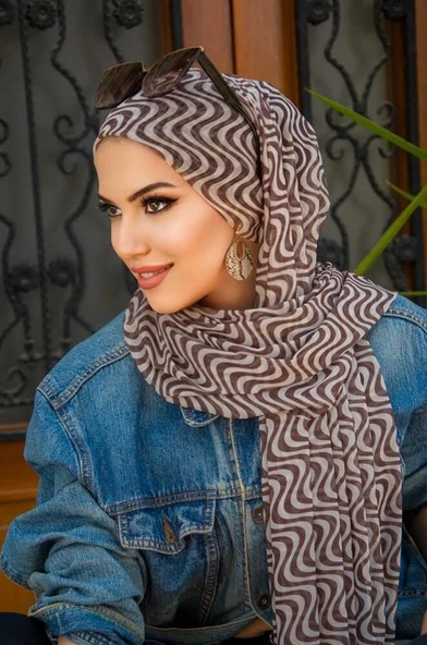 Kahve Taş Helezon Desenli Bone Hazır Şal - Resim 3