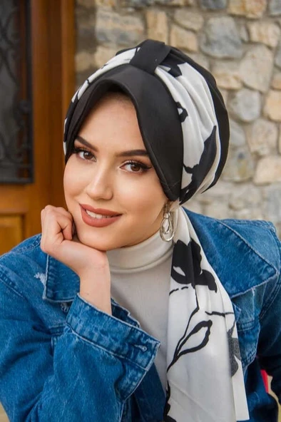 Siyah Beyaz Yaprak Desen Fularlı Şapka Bone ürün görseli