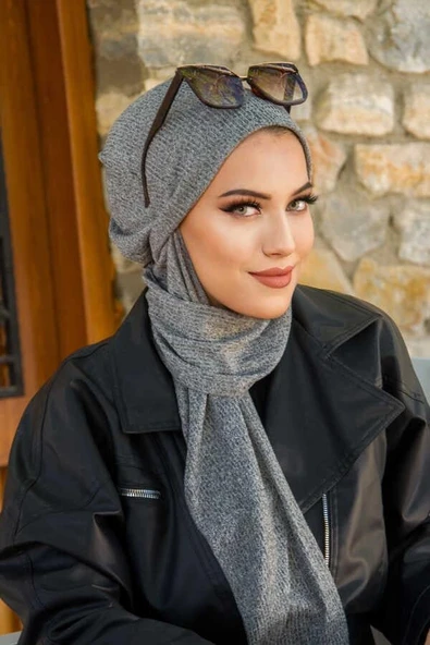 Gri Fitilli İnce Triko Tesettür Bere - Resim 2