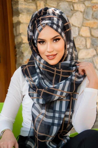 Siyah Bej Ekose Desen Hazır Şal - Resim 3