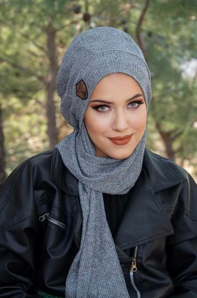 Gri Melanj İnce Örme Armalı Tesettür Bere ürün görseli