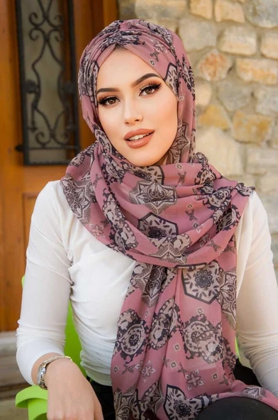 Koyu Pudra Retro Desen Hazır Şal - Resim 3