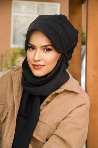 Siyah Kaşe Tesettür Şapka - 2