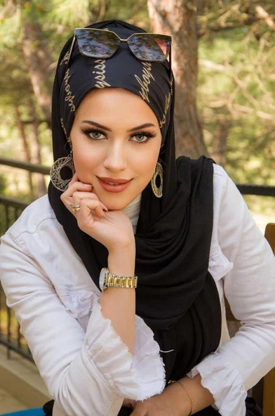 Siyah Yazı Desen Bone Hazır Şal - Resim 2