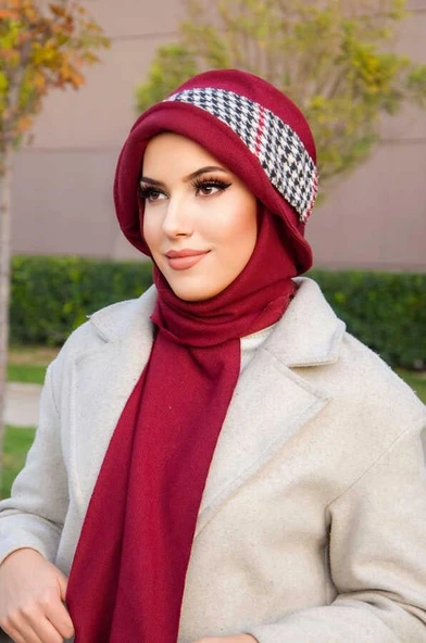 Bordo Dama Aksesuarlı Atkılı Vintage Şapka - Resim 3