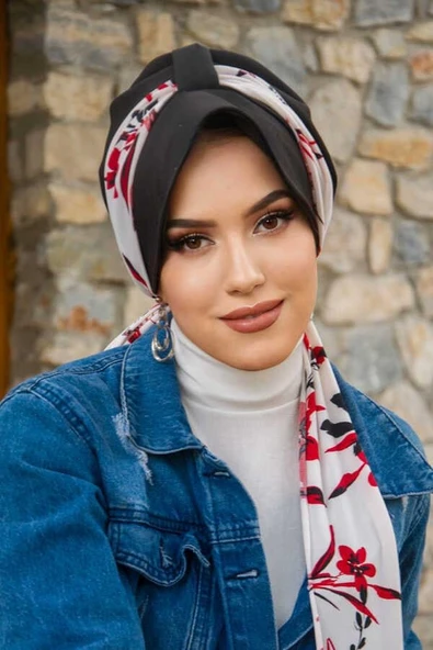 Siyah Kırmızı Yaprak Desen Fularlı Şapka Bone ürün görseli