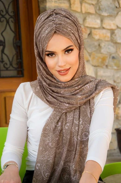 Haki Vizon Retro Desen Hazır Şal - Resim 3