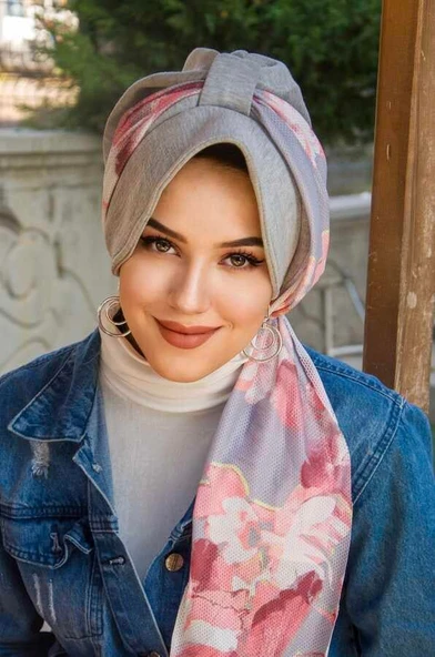 Gri Pudra Soft Dolgulu  Fularlı Şapka Bone - Resim 2