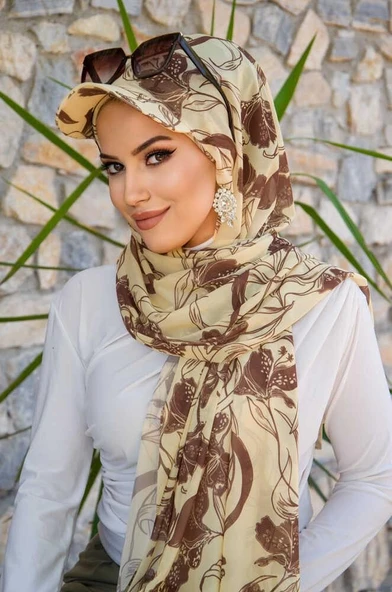 Uçuk Sarı kahve Desen Kepli Bandana Şapka Şal - 4