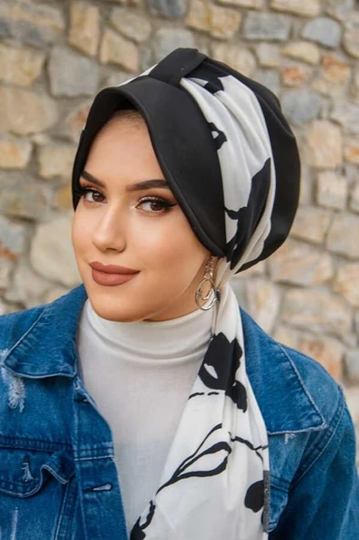 Siyah Beyaz Yaprak Desen Fularlı Şapka Bone - Resim 2