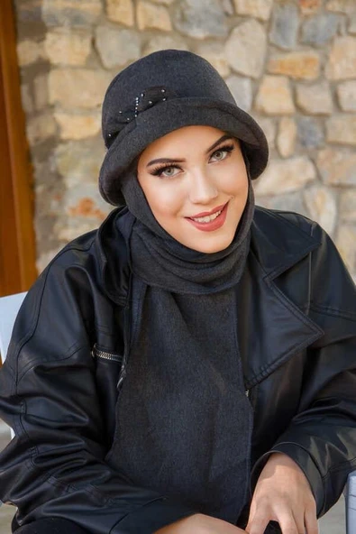 Antrasit Taşlı Aksesuarlı Vintage Şapka - Resim 2