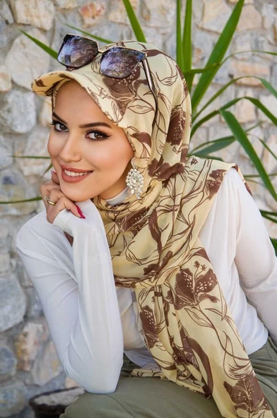 Uçuk Sarı kahve Desen Kepli Bandana Şapka Şal - 1