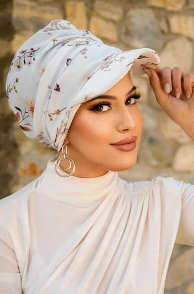 Beyaz Çiçek Desen Tesettür Şapka Bone - Resim 4