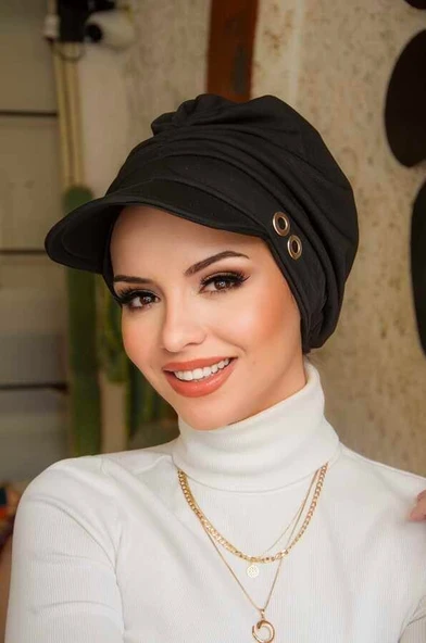 Siyah Metal Detaylı Tesettür Şapka Bone - Resim 3