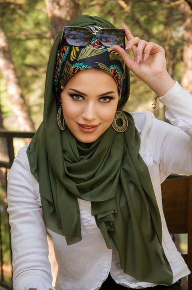 Haki Siyah Yaprak Desen Bone Hazır Şal - Resim 2