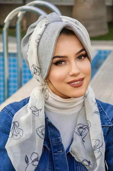 Gri Beyaz Dolgulu  Fularlı Şapka Bone - Resim 2