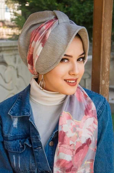 Gri Pudra Soft Dolgulu  Fularlı Şapka Bone - Resim 3