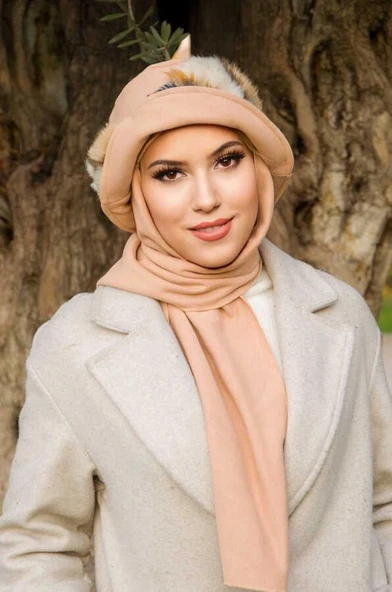 Bej Camel Kürk Aksesuarlı Atkılı Vintage Şapka - Resim 2