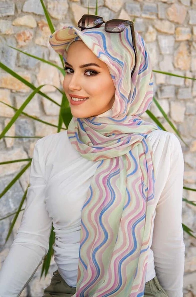 Soft Renkler Geometrik Desen Kepli Bandana Şapka Şal - Resim 4