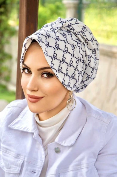 Lacivert Beyaz Hat Desenli Şapka Bone - Resim 2