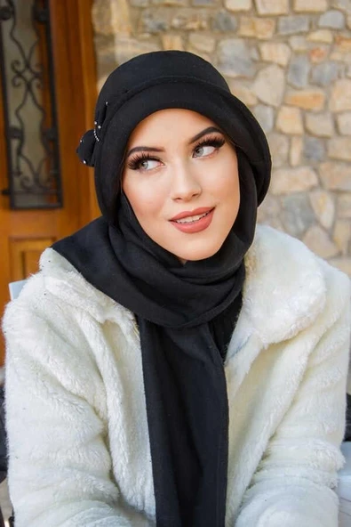 Siyah Taşlı Aksesuarlı Vintage Şapka - 2