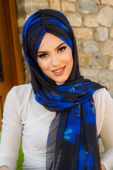 Siyah Saks Mavi Batik Desen Hazır Şal ürün görseli