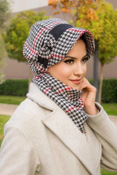 Kırmızı Siyah Kazayağı FiyonkluTesettür Şapka Ve Etol Takım - 3