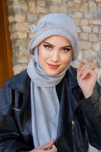 Gri Taşlı Aksesuarlı Vintage Şapka - Resim 3