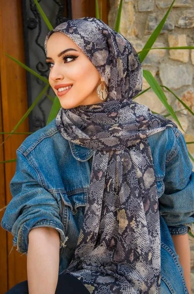 Gri Yılan Desenli Bone Hazır Şal - Resim 3