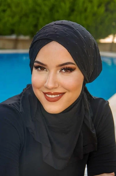 Siyah Hijab Çapraz Bantlı Havuz ve Deniz Bonesi - Resim 2