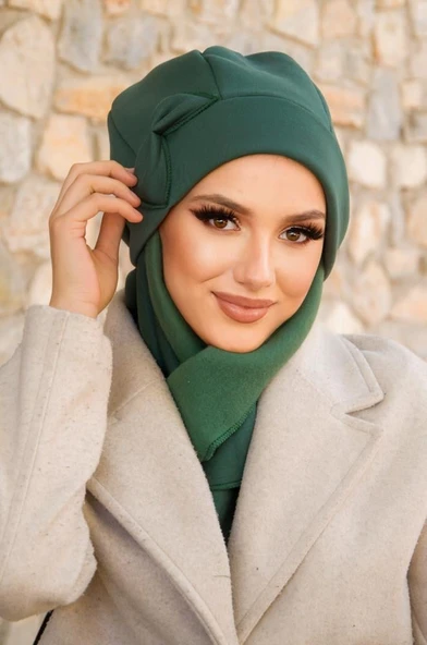 Zümrüt Yeşili Fiyonklu Tesettür Bere - Resim 3