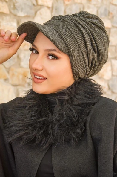 Haki Siyah Ekose Desen Tesettür Şapka - 3