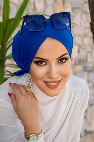 Saks Mavi Çapraz Bantlı Deniz - Havuz Bonesi - Resim 3