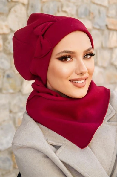 Bordo Fiyonklu Tesettür Bere Ve Etol Takım - Resim 3