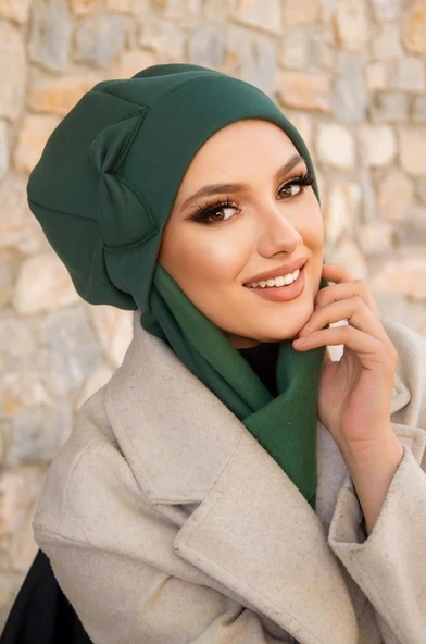 Zümrüt Yeşili Fiyonklu Tesettür Bere - Resim 2