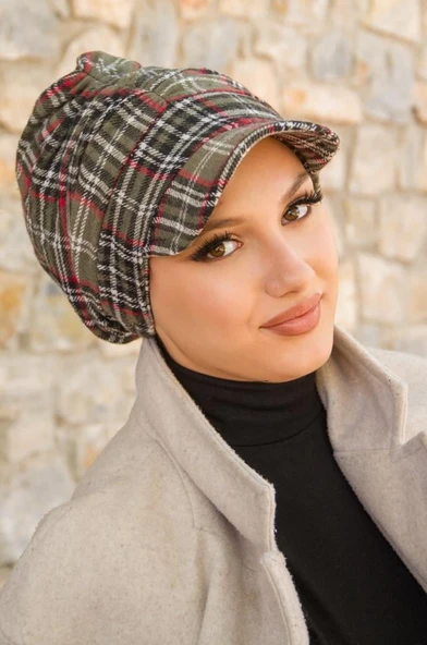 Haki Ekose Desen Tesettür Şapka - Resim 2