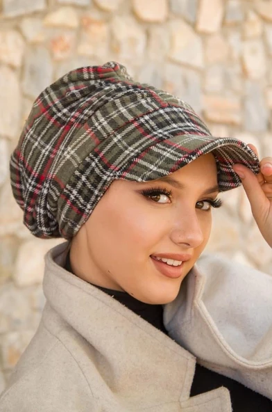 Haki Ekose Desen Tesettür Şapka - Resim 3