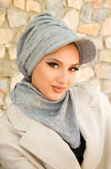 Gri Triko Büzgülü Tesettür Şapka Ve Etol Takım - Resim 3