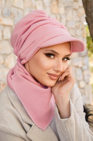Pudra Kışlık Büzgülü Tesettür Şapka Ve Etol Takım - Resim 3