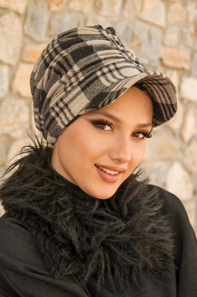 Vizon Siyah Ekose Desen Tesettür Şapka - Resim 4