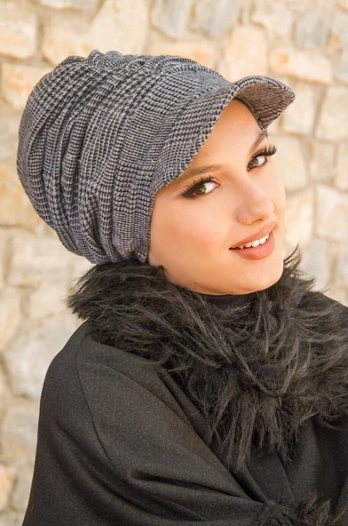 Gri Siyah Ekose Desen Tesettür Şapka ürün görseli